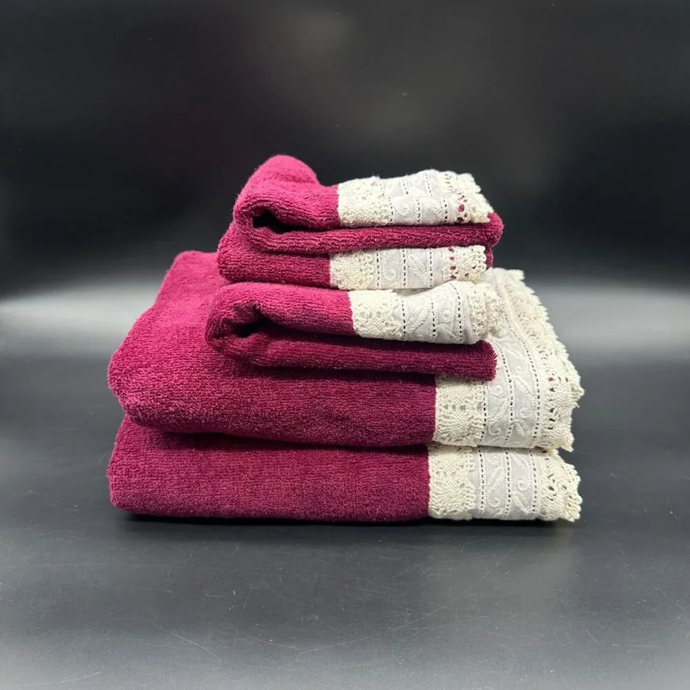Vintage Towel Set 1990s Burgundy Lace Trim Bath Towels Hand Towel Washcloths